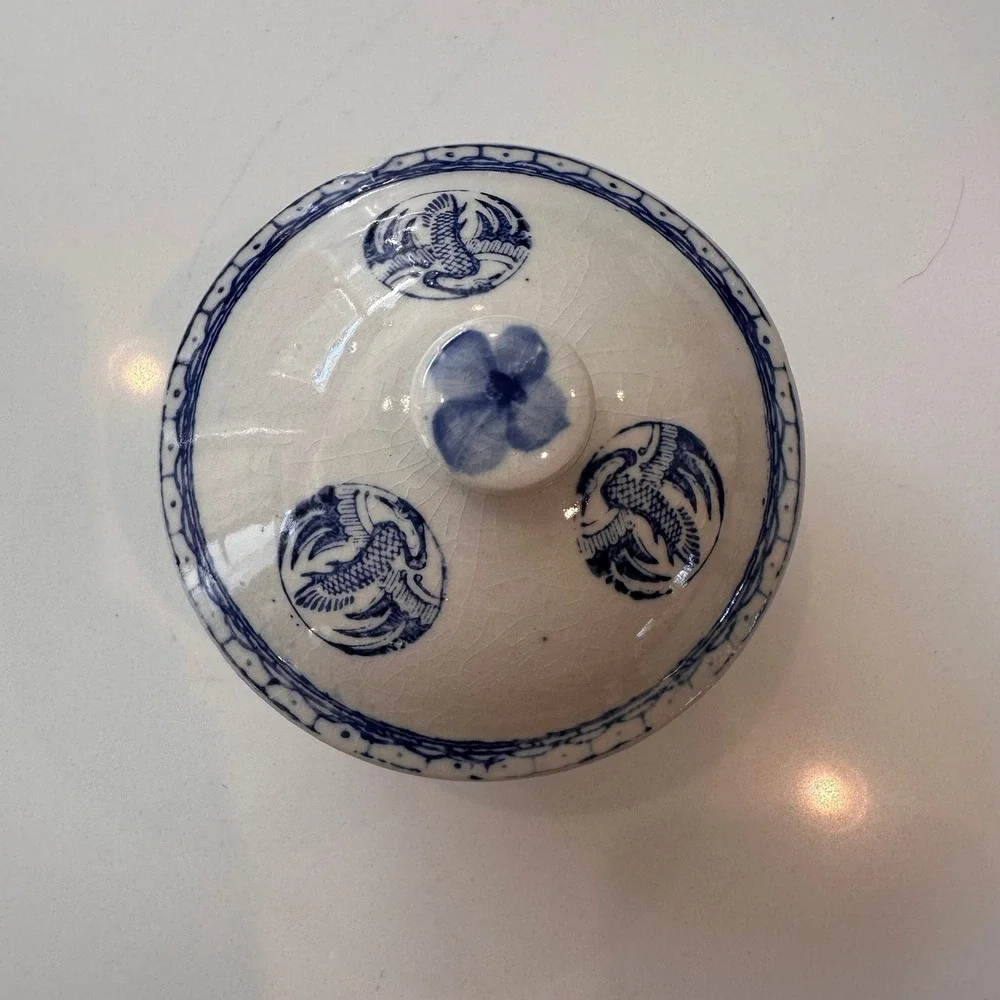 Vintage Crane Design Chinese Porcelain Serving Rice Bowl w/ Lid Blue White
